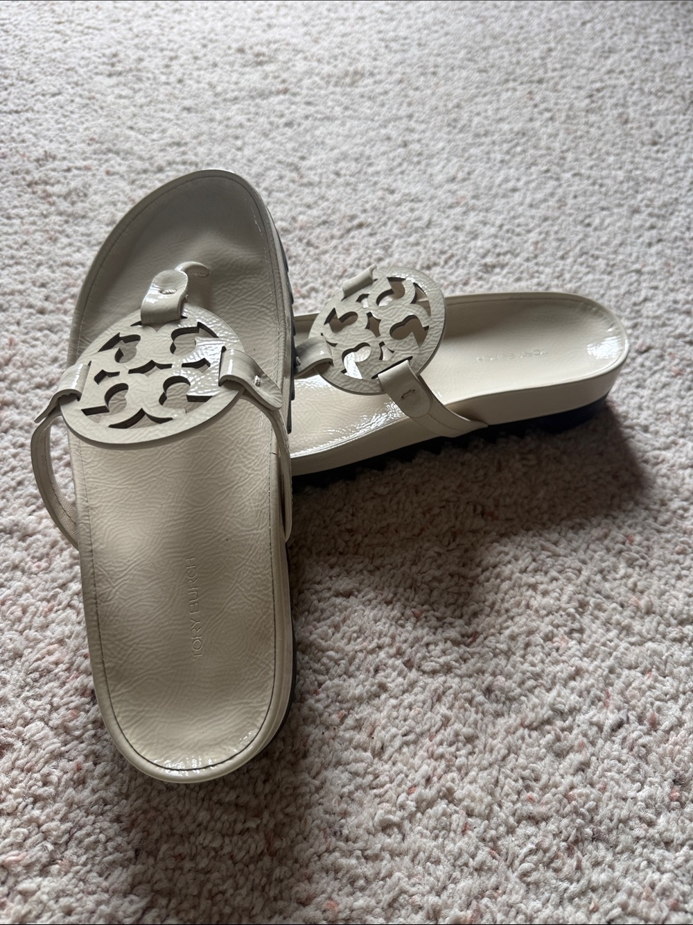 Tory Burch Ivory Logo Cutout Toe-Post Slide Sandals